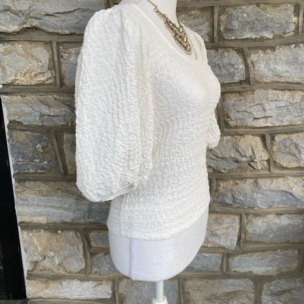 MAUVE x Anthropologie White Balloon-Sleeve Textured Top Cottagecore Resort